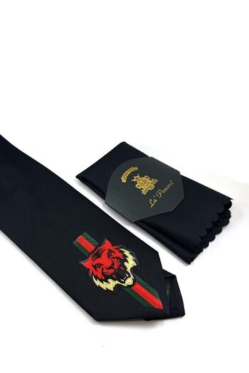 La Pescara Black Plain Tiger Emblem Printed Tie Kk11698