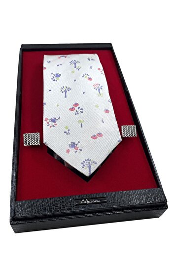 La Pescara White Italian Silk Tie Steel Cufflinks Men's Gift Set Sks26