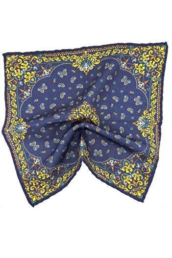 Kravatkolik Navy Blue - Yellow Hand Stitched Italian Wool Pocket Handkerchief WL03