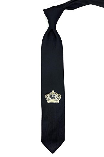 La Pescara Black Plain King Crown Emblem Printed Tie Kk11689