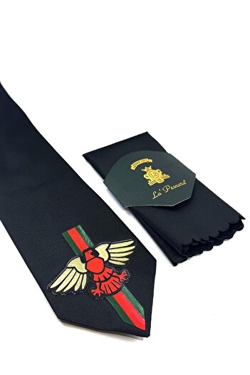 La Pescara Black Plain Eagle Emblem Printed Tie Kk11685