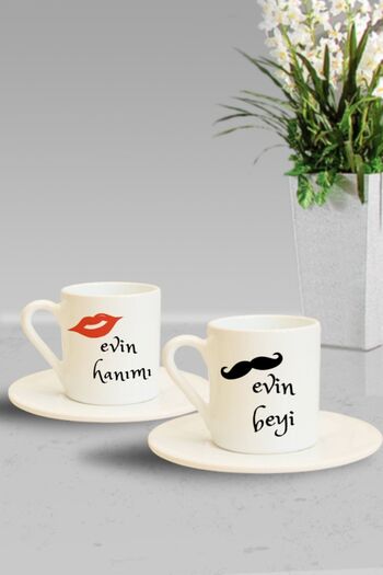 Hediyexpres Set of 2 Turkish Coffee Cups with Home Lady-Bey Design