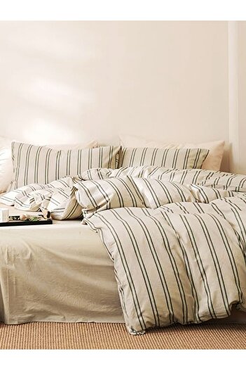 CAQQA Double Duvet Cover Set - Natural Cotton Striped