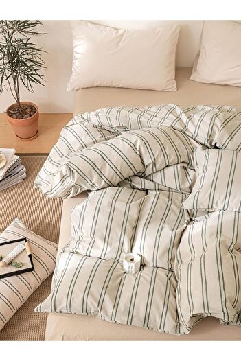 CAQQA Double Duvet Cover Set - Natural Cotton Striped