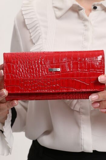 DERKON Crocodile Patterned Useful Genuine Leather Women's Wallet Red