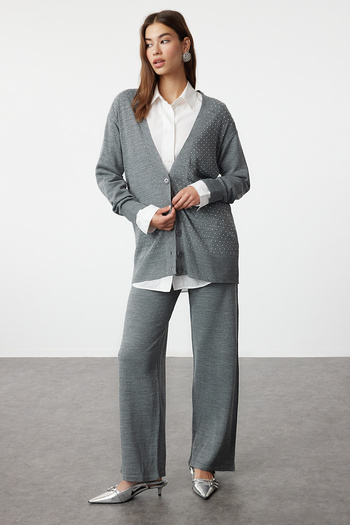 Trendyol Modest Anthracite Stoned Cardigan-Pants Knitwear Top and Bottom Set TCTAW24US00079