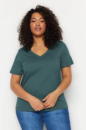 Trendyol Curve Emerald V-Neck Basic 100% Cotton Knitted T-Shirt Tbbss22Bf0028