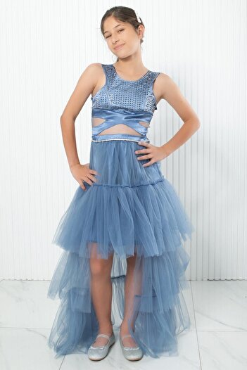 SUBU TASARIM Indigo Tulle Evening Dress with Stone Print Detail, MDV340