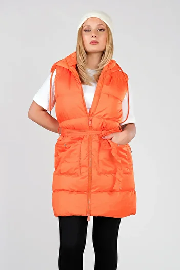 Giyim Dünyası Orange Women's Vest - Hooded, Bag Pocket and Waist Belt Detail