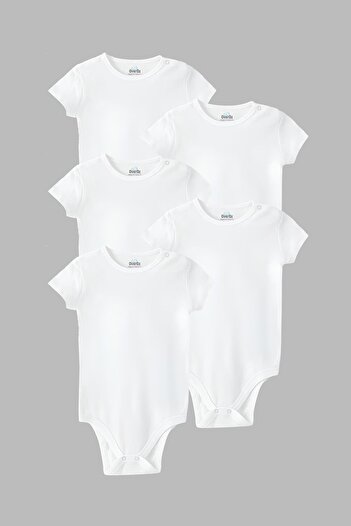 Overoz White 5-Piece Baby Bodysuit - 100% Cotton, Short Sleeve, Snap Fastener Bodysuit