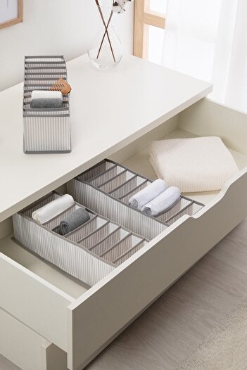 Ocean Home Textile 3 kusy 10 přihrádek Šedá pruhovaná skříňová zásuvka Harmonikový skládací organizér na prádlo