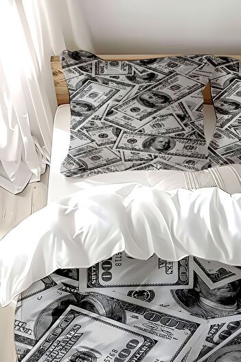 Else Dekor Para Dolar Desenli Baskılı Pamuk Saten Çift Kişilik Nevresim Takımı