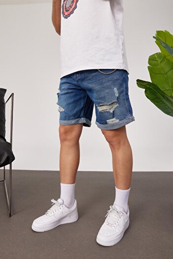 NOMARC Blue Ripped Chain Denim Shorts