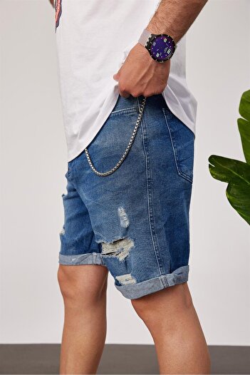 NOMARC Blue Ripped Chain Denim Shorts