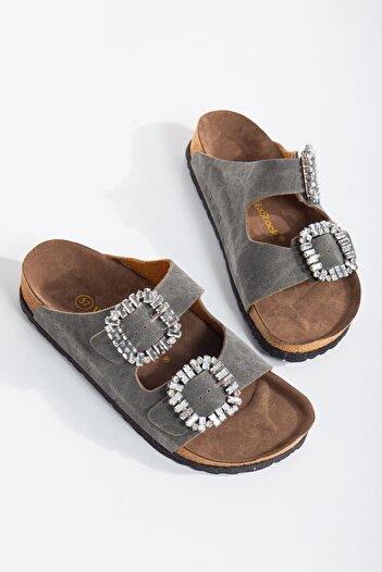 Valeriiastock New Season Stone Buckle Slippers Double Buckle Khaki Color