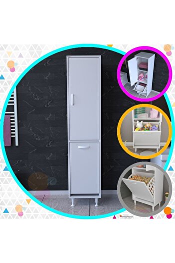 Modilayn Alaçatı 35x136 cm Çamaşır Sepetli Dolap Banyo Dolabı Kirli Çamaşır Dolabı Havlu Dolabı