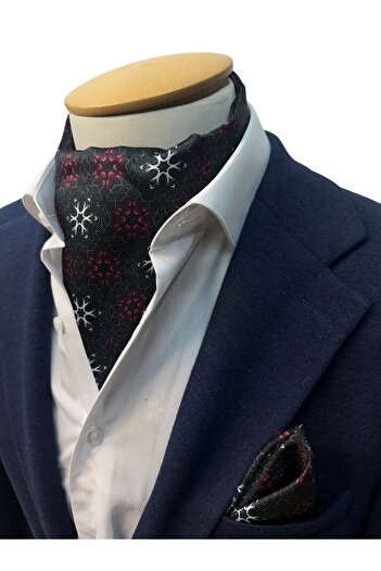 TMFASHİON Men's Ascot Scarf - Snow Patterned, Self-Tied Neck Cover and Pocket Handkerchief Set