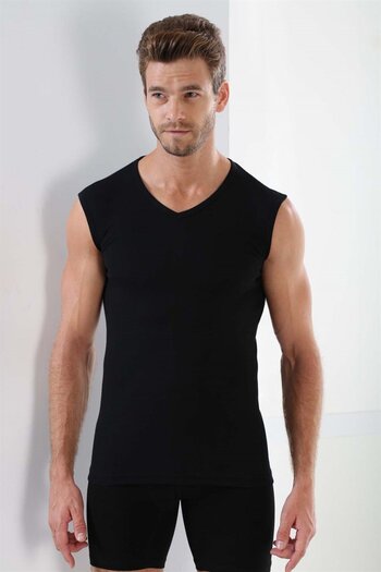Şahin 3 Sleeveless Men's Undershirt with V-Neck - 100% Cotton, Rib