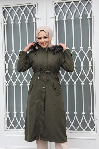 MİSSKAYLE Double Zipper Detailed Hijab Khaki Coat