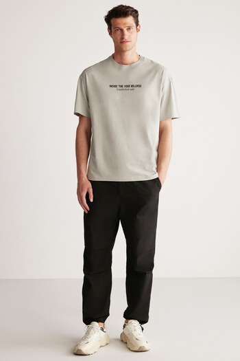 GRIMELANGE Ανδρικό μπλουζάκι Bastıan Oversize Fit 100% βαμβάκι με στάμπα σε γκρι υφή