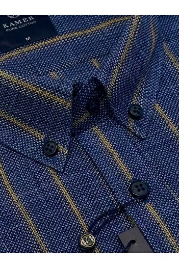 KAMER Men's Regular Fit Short Sleeve 100% Cotton Striped Navy Blue Shirt 9439Ls