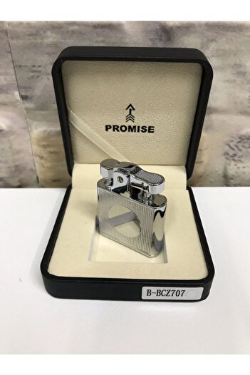 PROMISE Benzinli Gümüş Gri Yuvarlak Logo Desenli Çakmak