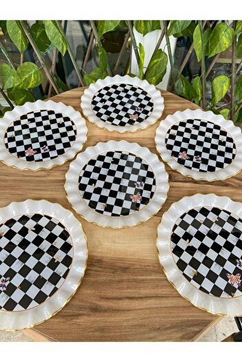 GÜRCÜGLASS Damalı model altın 6 prç pasta tabağı.
