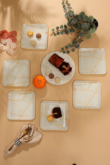 GÜRCÜGLASS White Marble Square Serving Plate 23 Cm 6 Pieces