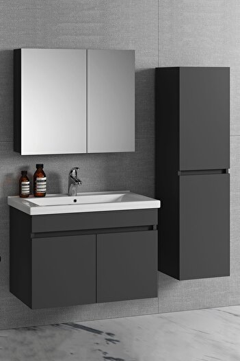 ÖZCEDEN 80 35 Cm Antrasit Gri Mat Mdf Seramik Lavabolu Asma Banyo Dolabı Takımı