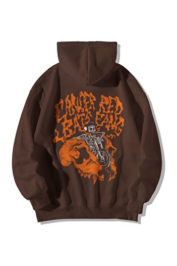 Stadium Καφέ Unisex Oversize Hooded Kangaroo Pocket Cancer Bats Red Gang Φούτερ με στάμπα με κουκούλα