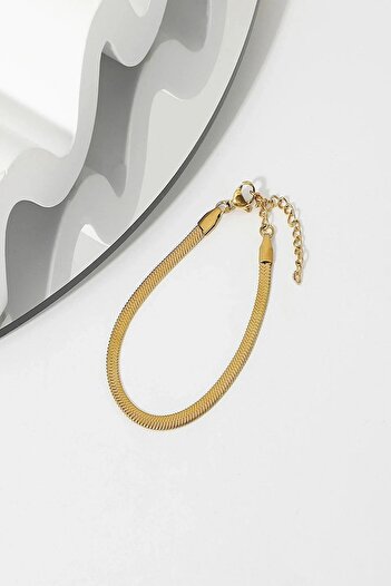 The Collection Unisex Kararmaz Yassı Italyan Zinciri Gold Çelik Bileklik