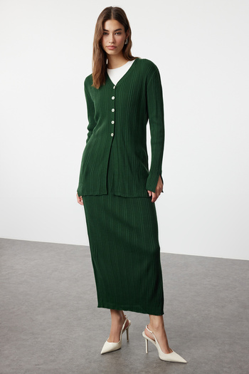 Trendyol Modest Emerald Green Knitwear Cardigan and Skirt Set - Tctaw25Us00047