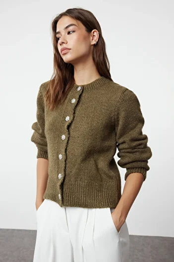Trendyol Collection Khaki Soft Texture Gem Button Jacket Look Knitwear Cardigan Twoaw21Hi0034
