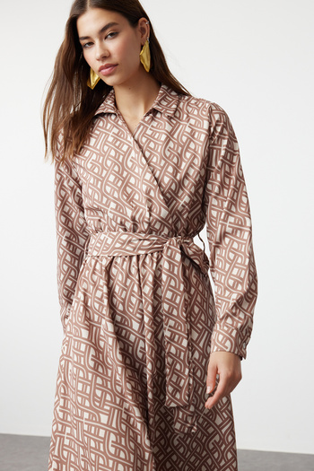 Trendyol Modest Ecru Mono Print Sashed Satin Woven Dress Tctss24Eb00273