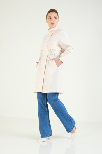 Giyim Dünyası Stone Colored Women's Trench Coat with Elastic Waist - Parachute Fabric