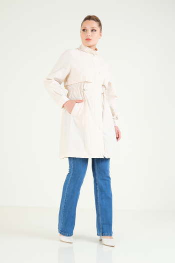 Giyim Dünyası Stone Colored Women's Trench Coat with Elastic Waist - Parachute Fabric