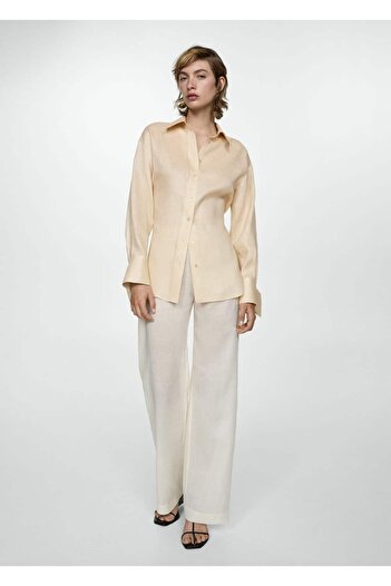MANGO Woman Linen Shirt with Tie Details