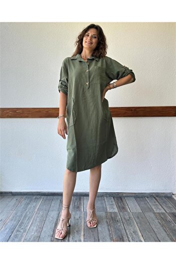 ByEnBi Khaki Colored Linen Dress - Filthy Stitching Detail