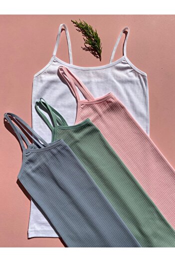 LEYNA BUTİK Women's 4 Pieces Corded, Cotton, Lycra, Ribbed Blouse with Rope Straps (Green-Pink-Blue-White)