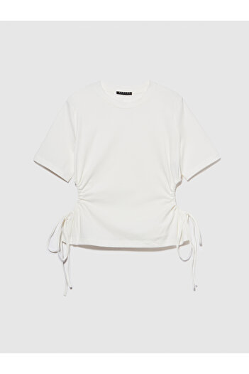 Sisley White Stretch Cotton Women's T-shirt - Crew Neck, Side Gathered