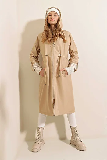 Giyim Dünyası Beige Women's Trench Coat - Drawstring Waist and Hooded