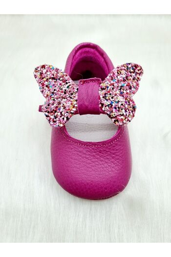 Tiny Glitter Fuchsia - Genuine Leather, Easy and Comfortable Wear, Soft Moccasin, Hidden Elastic Ankle