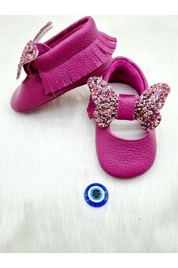 Tiny Glitter Fuchsia - Genuine Leather, Easy and Comfortable Wear, Soft Moccasin, Hidden Elastic Ankle