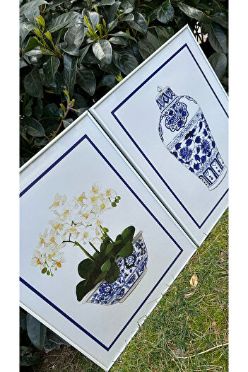 Linacci Double White Thin Metal Frame Blue Blanc Vase Glass Painting Set