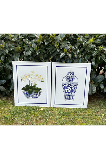 Linacci Double White Thin Metal Frame Blue Blanc Vase Glass Painting Set