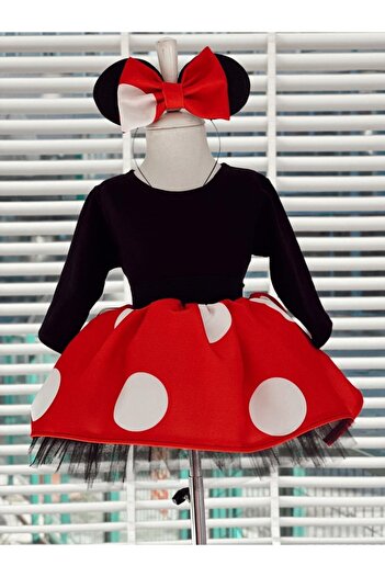 Anne Kız Tasarım Kırmızı Uzun Kollu Mickey Mouse Elbise