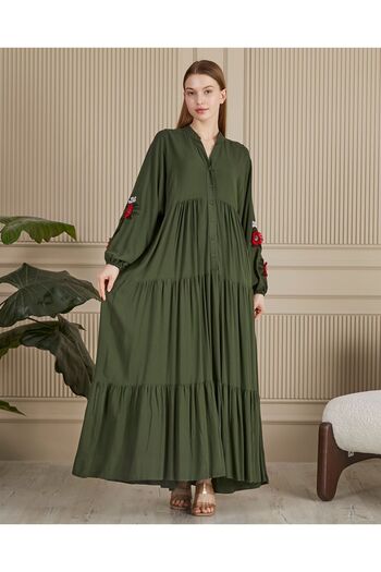 BeyzaBayram Khaki Green Embroidered Viscose Loose Long Dress - Half Placket Layered Sleeves, Plus Size