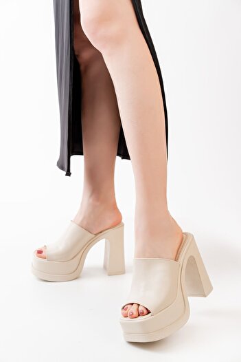 asmi shoes Γυναικείες Παντόφλες Ορθοπεδικής Πλατφόρμας Κρέμα Δερμάτινο Φαρδύ λουράκι (12cm).