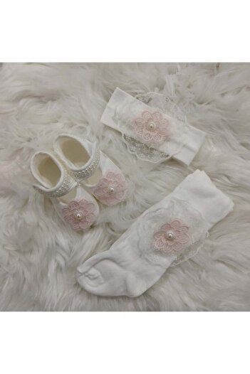 Caprice 100% Cotton Baby Girl Floral Shoes & Headband & Tights Set of 3