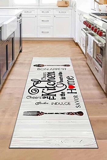 3D ELSE HALI Kitchen Yazılı Desenli Tezgah Önü Kaymaz Taban Yıkanabilir Yolluk Mutfak Halısı